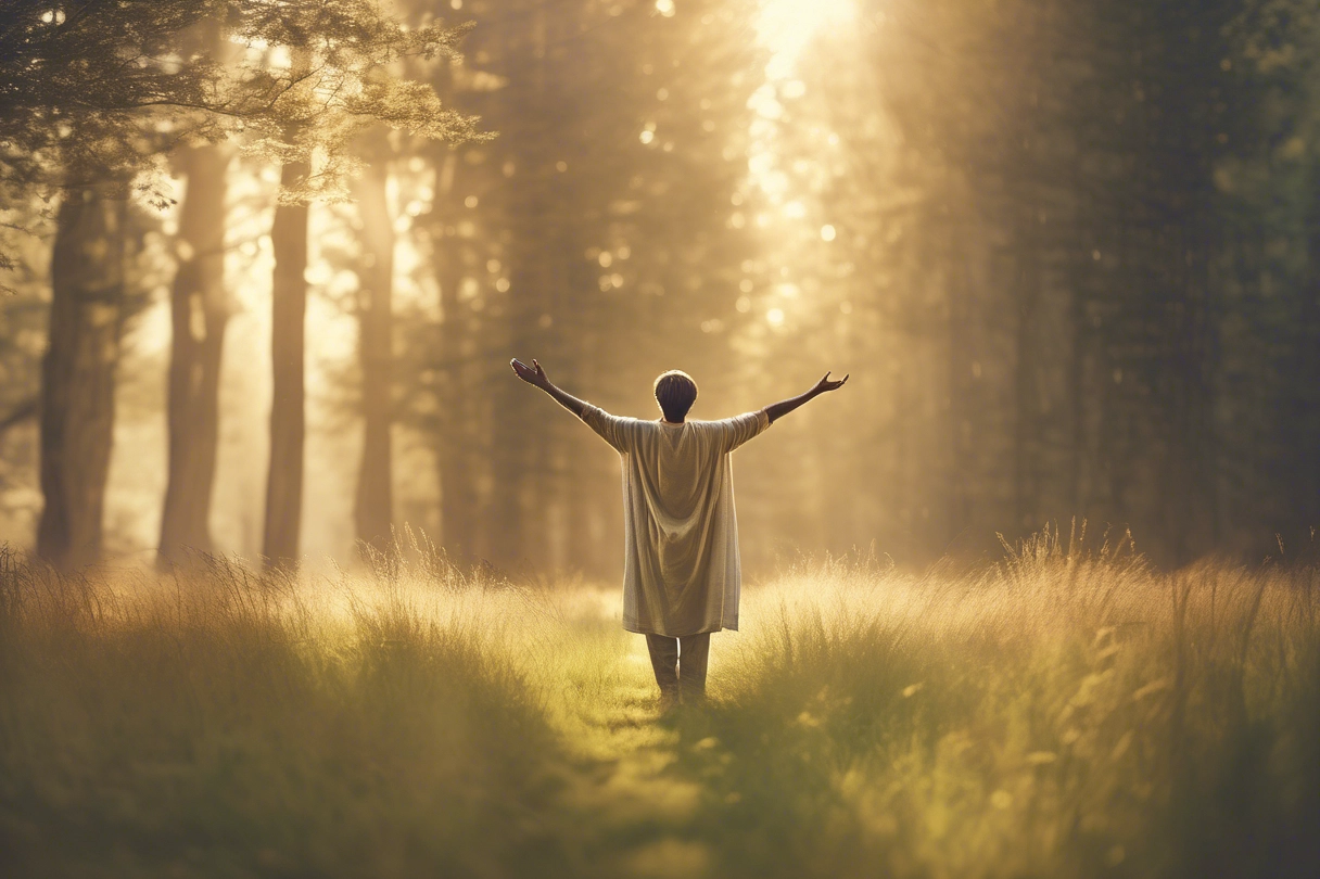 Person embracing sunlight in forest clearing.