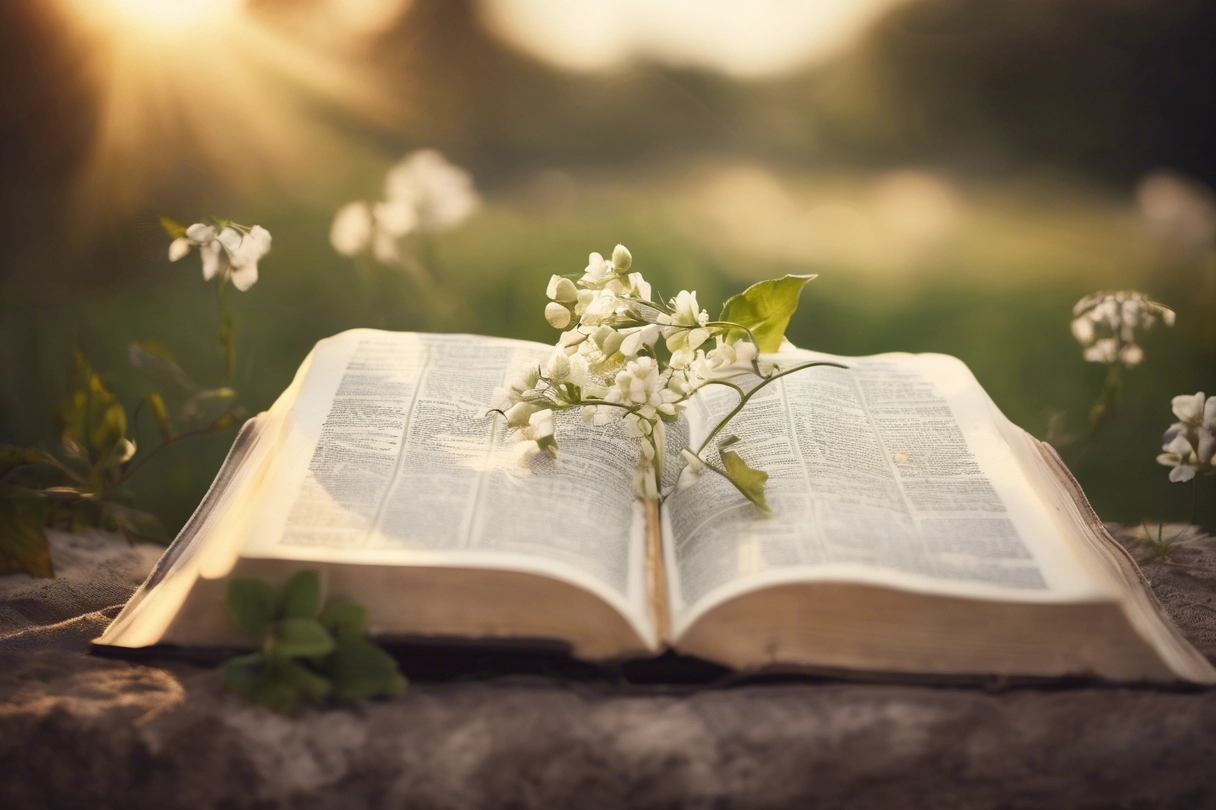 Open book with flowers in sunlight