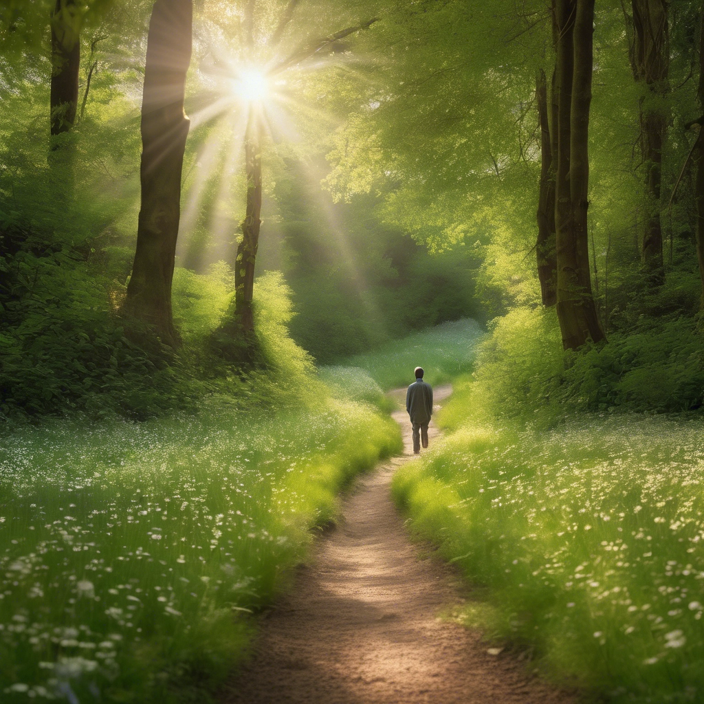 Person walking through sunlit green forest path.